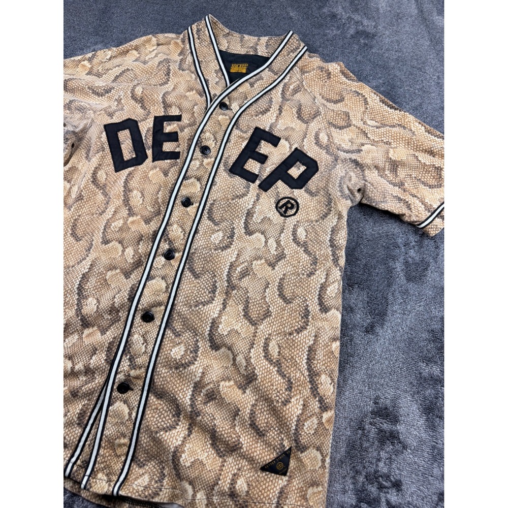 10Deep Snakeskin Baseball Jersey Shirt Mens Large Tan Brown Button Up Streetwear